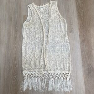 Say What? Cream Lace Crochet Boho Fringe Vest Coachella Fairycore Cardigan SZ M